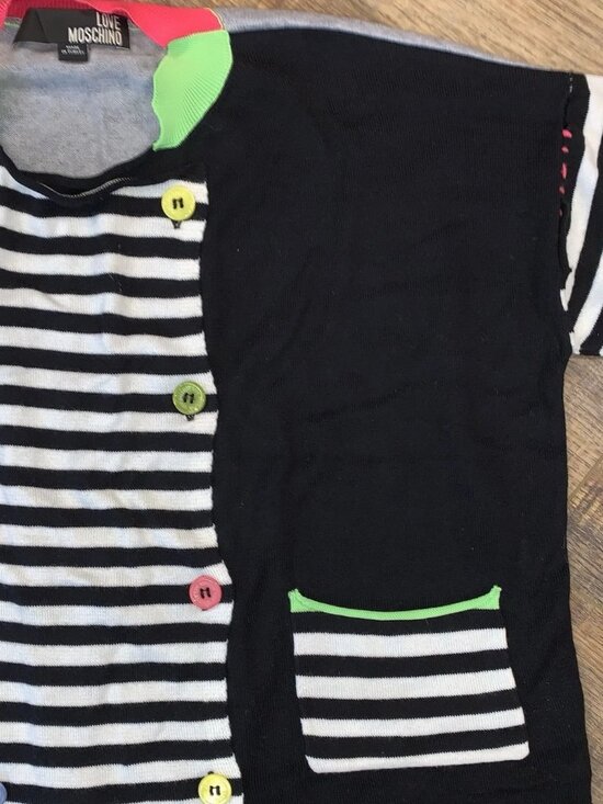 LOVE MOSCHINO Punk Love SAVE THE QUEEN Patch CROP TOP Neon B&W Striped Sweater L - Picture 3 of 5